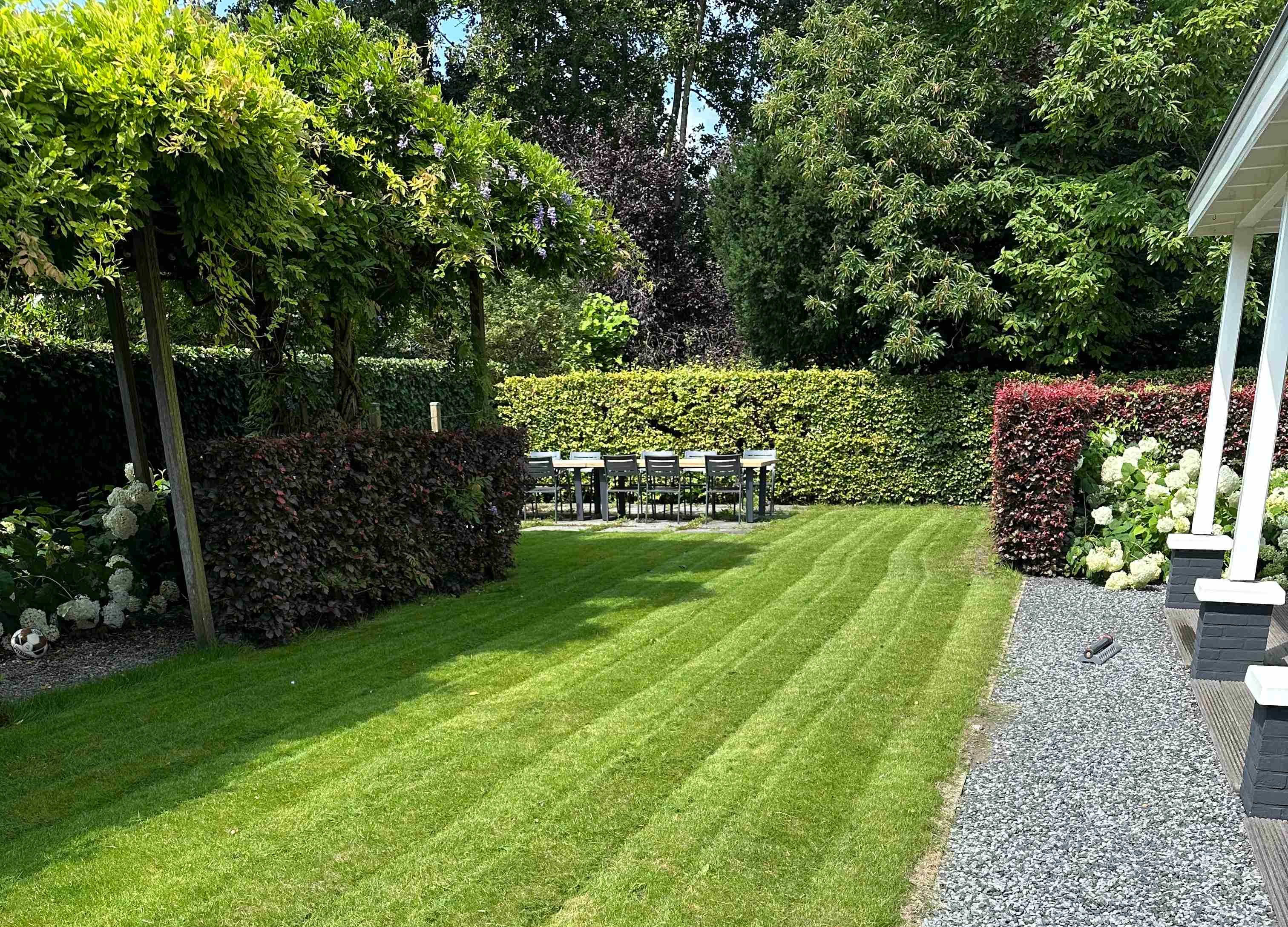 Een groene tuin met gazon en hagen
